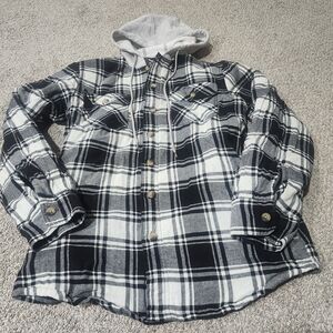 Wrangler Black & White Plaid Lined Hooded Flannel Shirt Size Small